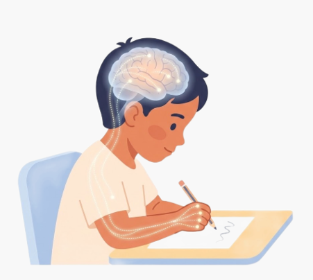 A young student leaning over a page, writing with the pen, with a glowing brain above and a neural signal tracing down through the body to the writing hand