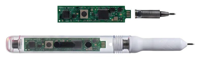 The Vahini pen opened up: the sensor board and ballpoint tip assembly above, and the assembled pen below with the board visible through the translucent barrel