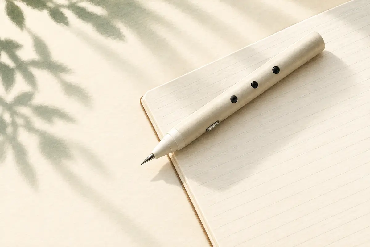 Illustration of the enclosed Vahini pen on a notebook